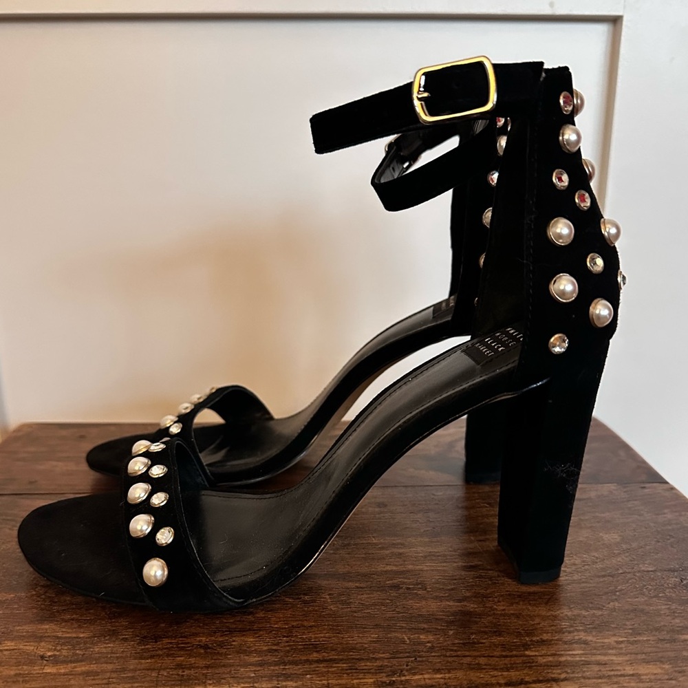WHBM size 8 block heel sandal—black suede with pearl and rhinestone studs. - Picture 3 of 8